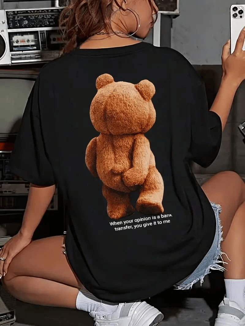 Kadın Tişört Büyük Boy Ayıcık Baskılı Bisiklet Kısa kol t-shirt - Siyah