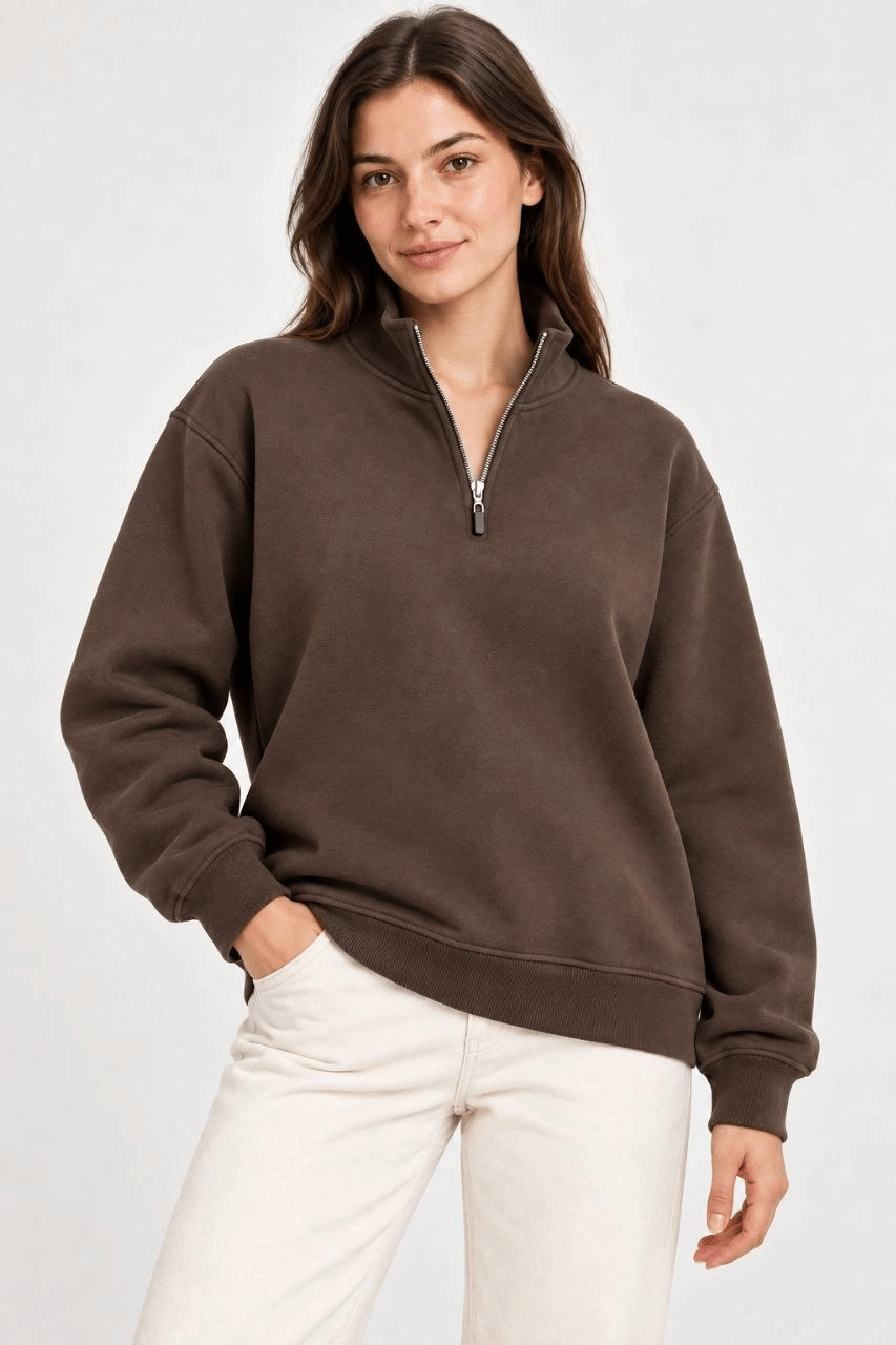 Kadın Üç İplik İçi Şardonlu Dik Yaka Yarım Fermuarlı Kışlık Sweatshirt - Kahverengi