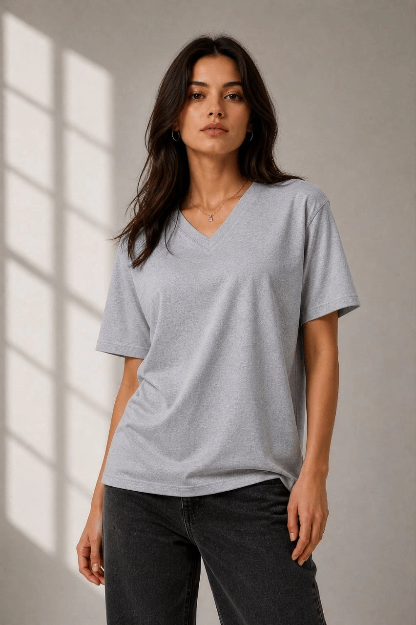 Kadın V Yaka Basic Tişört Kısa Kol Yazlık Regular Fit T-Shirt - Gri