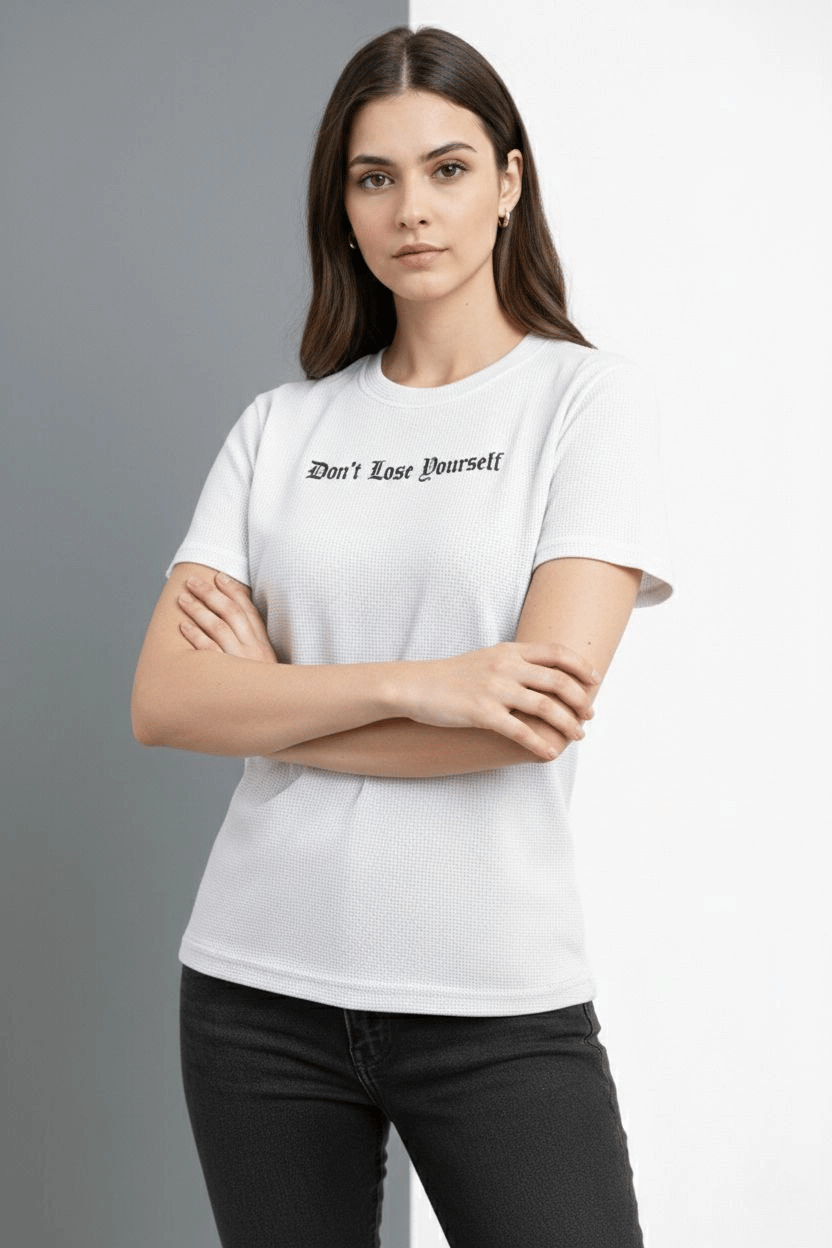 Kadın Wafıl Kumaş Tişört Regular Kalıp Bisiklet Yaka Baskılı T-Shirt - Beyaz