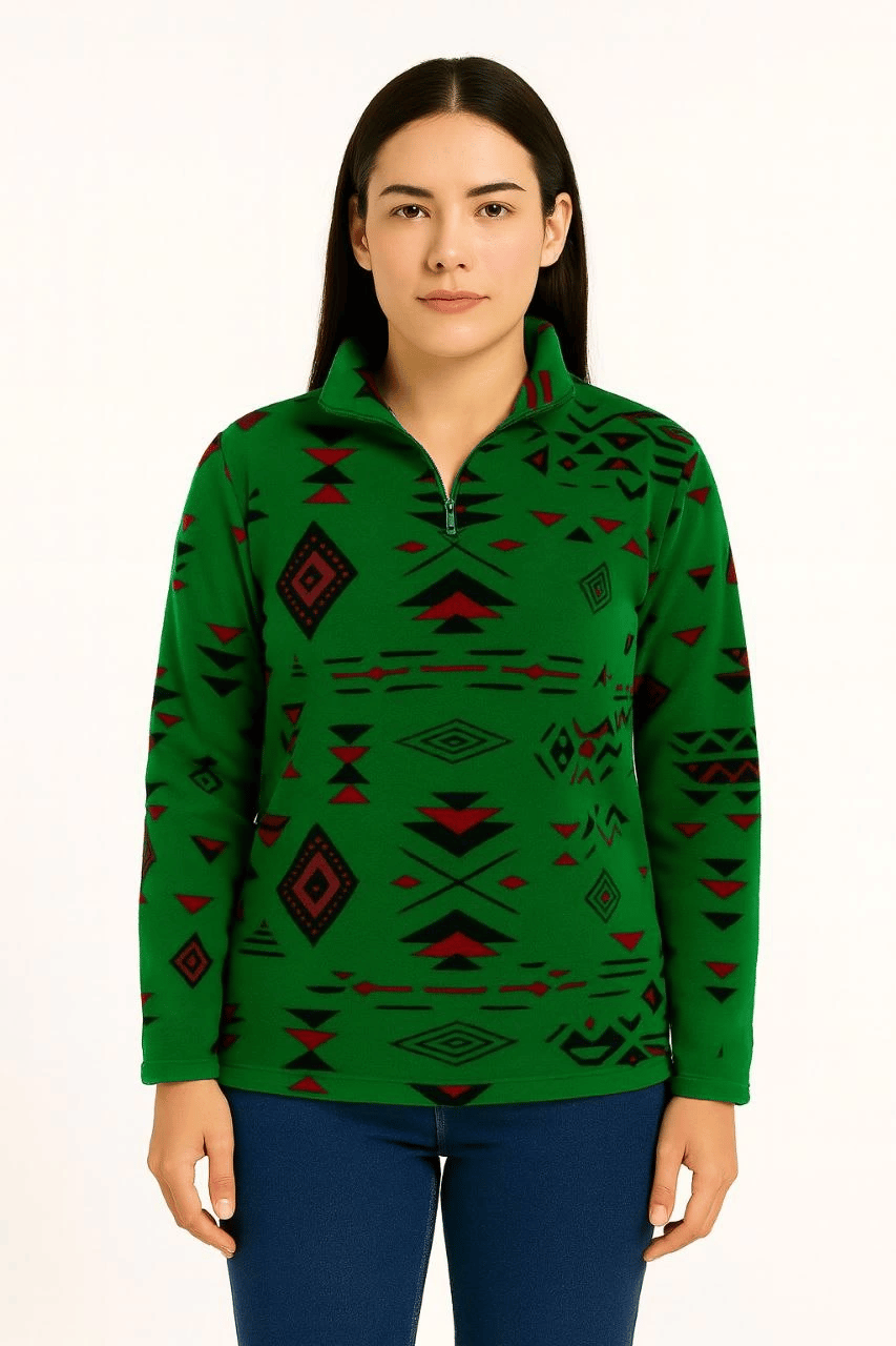 Kadın Yarım Fermuarlı Desenli Polar Sweat Tribal Etnik Desen Yakalı Uzun Kollu - Yeşil