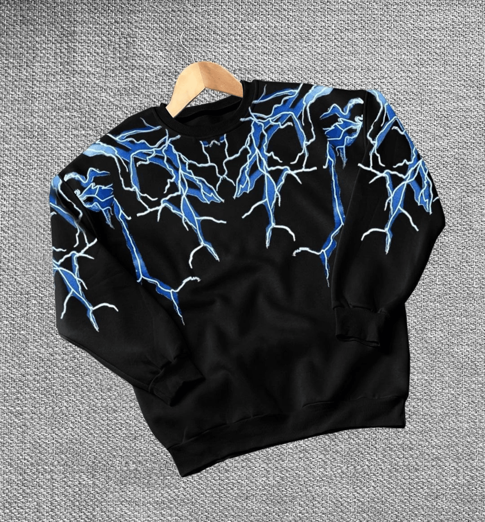 Kadın Yıldırım Baskılı Bisiklet Yaka 3 iplik pamuklu Sweatshirt - Siyah