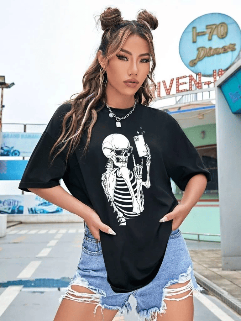 Kadın iskelet Baskılı T-Shirt Kısa Kol Bisiklet Yaka Oversize Tişört - Siyah