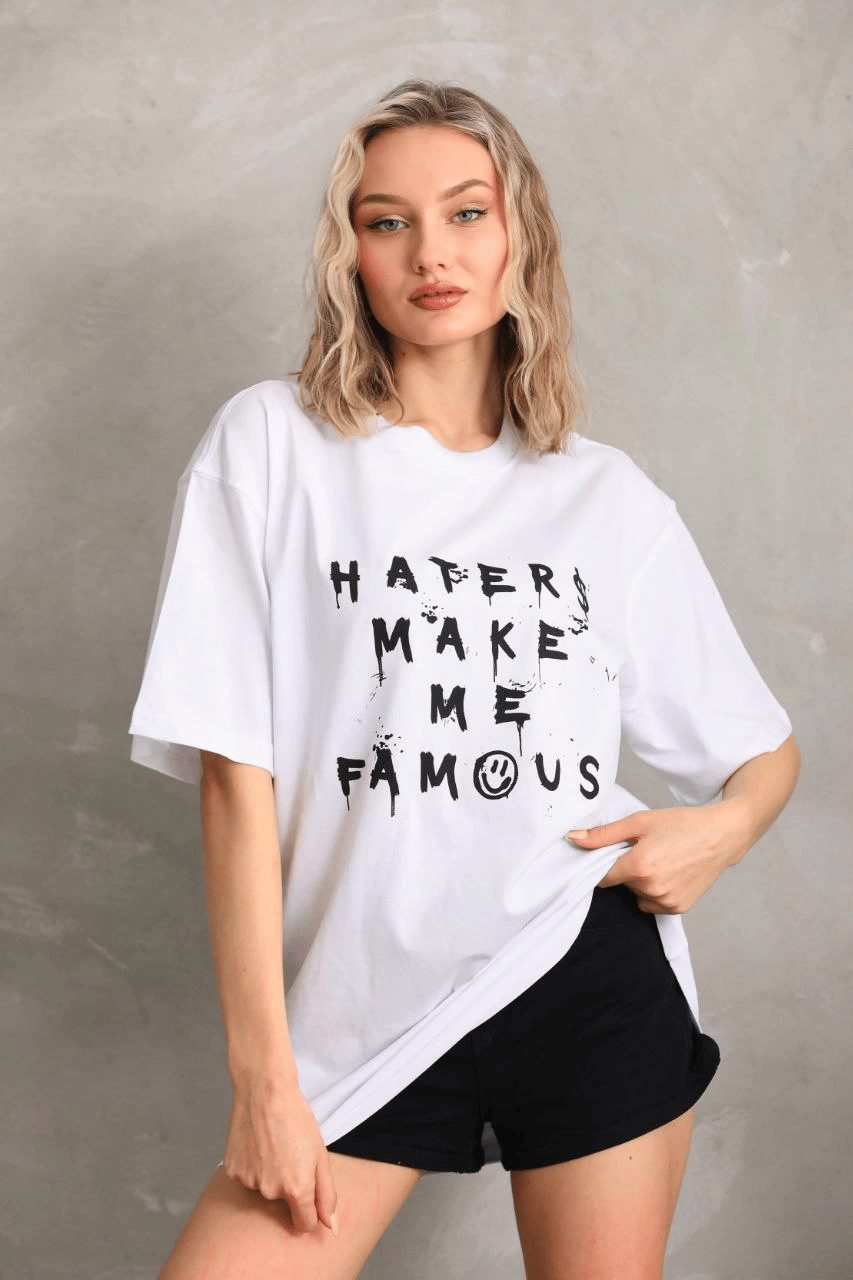 Kadın ön ve arka Baskılı Oversize Kısa kol  T-Shirt - Beyaz