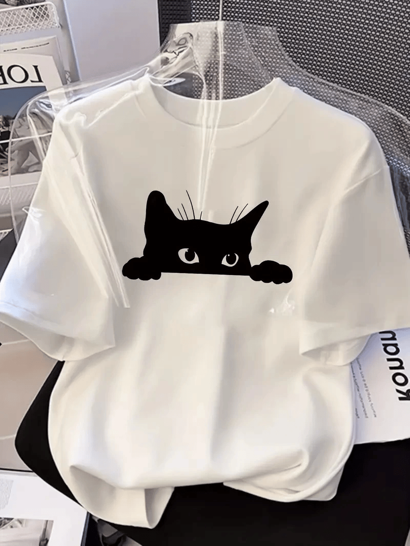 Kadınlar için Siyah Kedi Grafik Tişört - Oversize Kısa Kollu Üst Nefes Alabilir - Beyaz