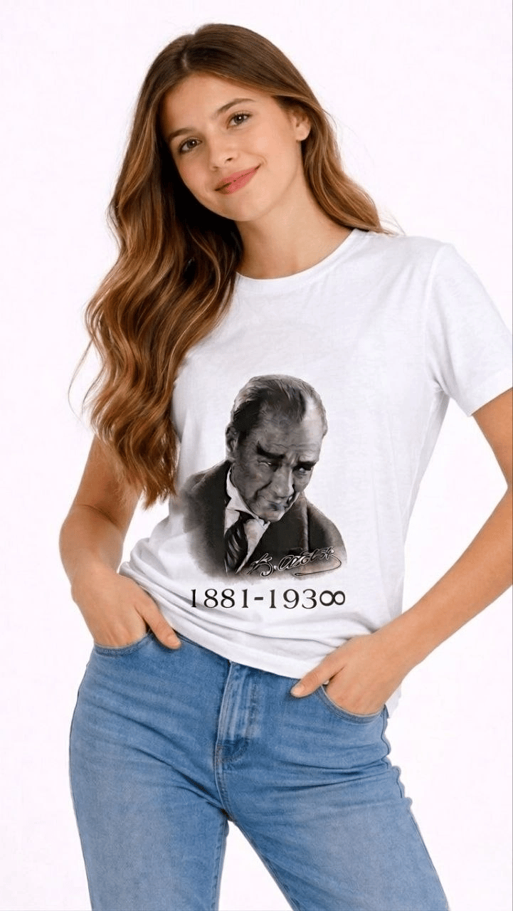 Kız Çocuk Atatürk Baskılı Tişört Kısa Kollu Bisiklet Yaka T-Shirt - Beyaz