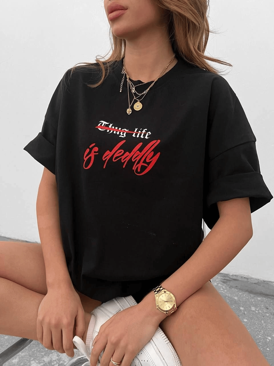 kadın Bisiklet Yaka Baskılı Oversize  Kısa kol T-Shirt - Siyah