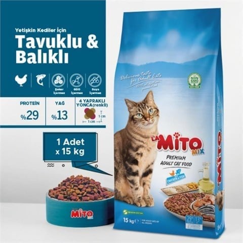 Mito Mix Tavuklu ve Balıklı Yetişkin Kedi Maması 15 kg