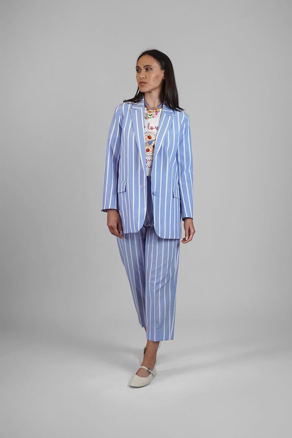 Romeo Juliet Mavi - Beyaz Çizgili Takım Total Look