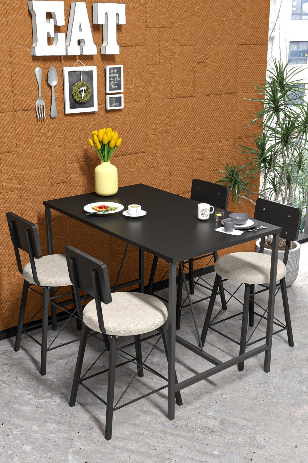 4 İMAJ SANDALYELİ SİYAH YEMEK MASASI 120/60 4620