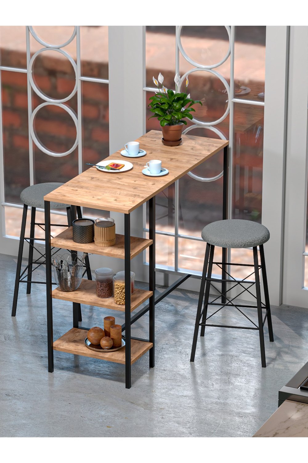 RETODESİGN RAFLI YUVARLAK TABURELİ BAR TAKIMI 4651A