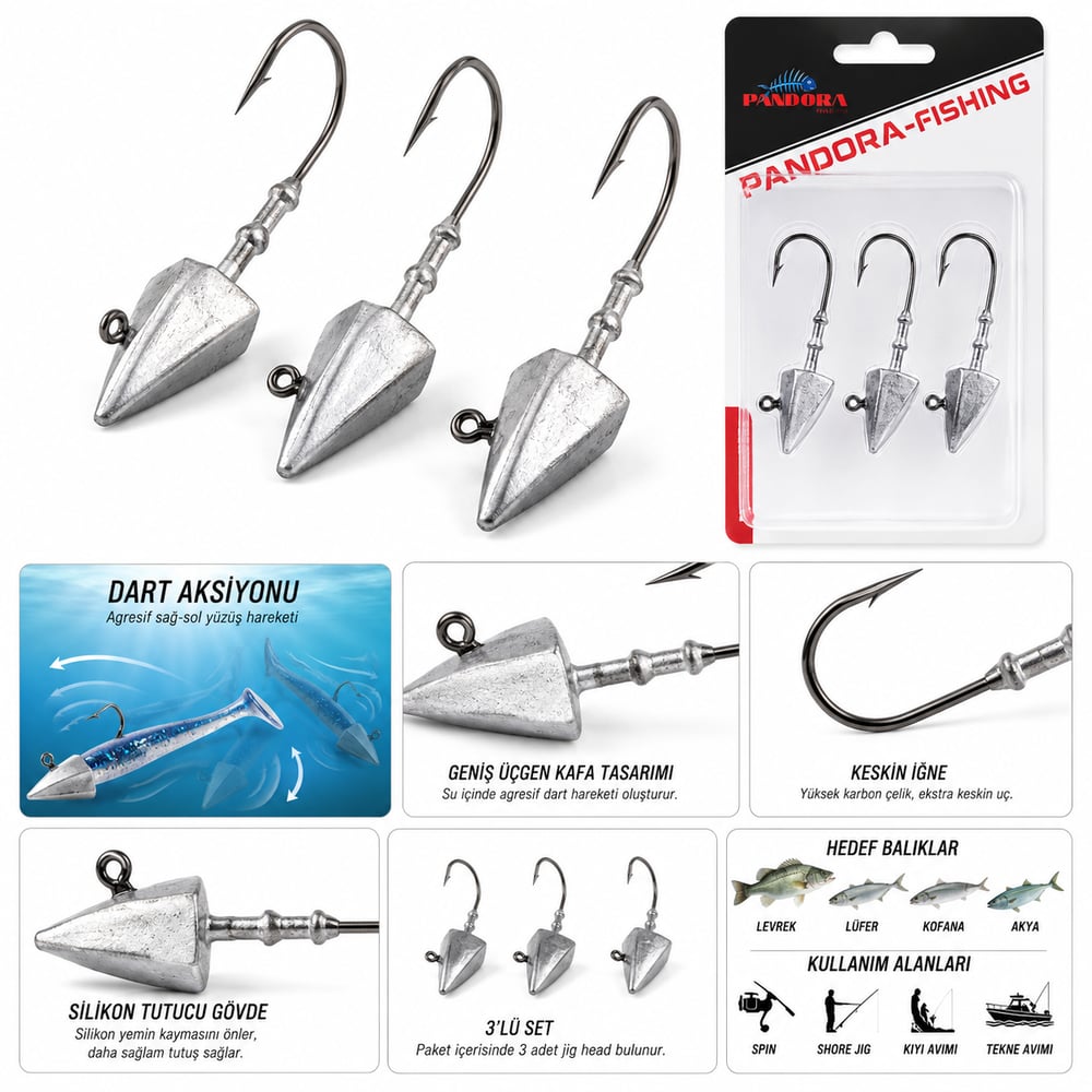 PANDORA DART JIG HEAD SİLİKON YEM İĞNESİ 3'LÜ SET - NY002