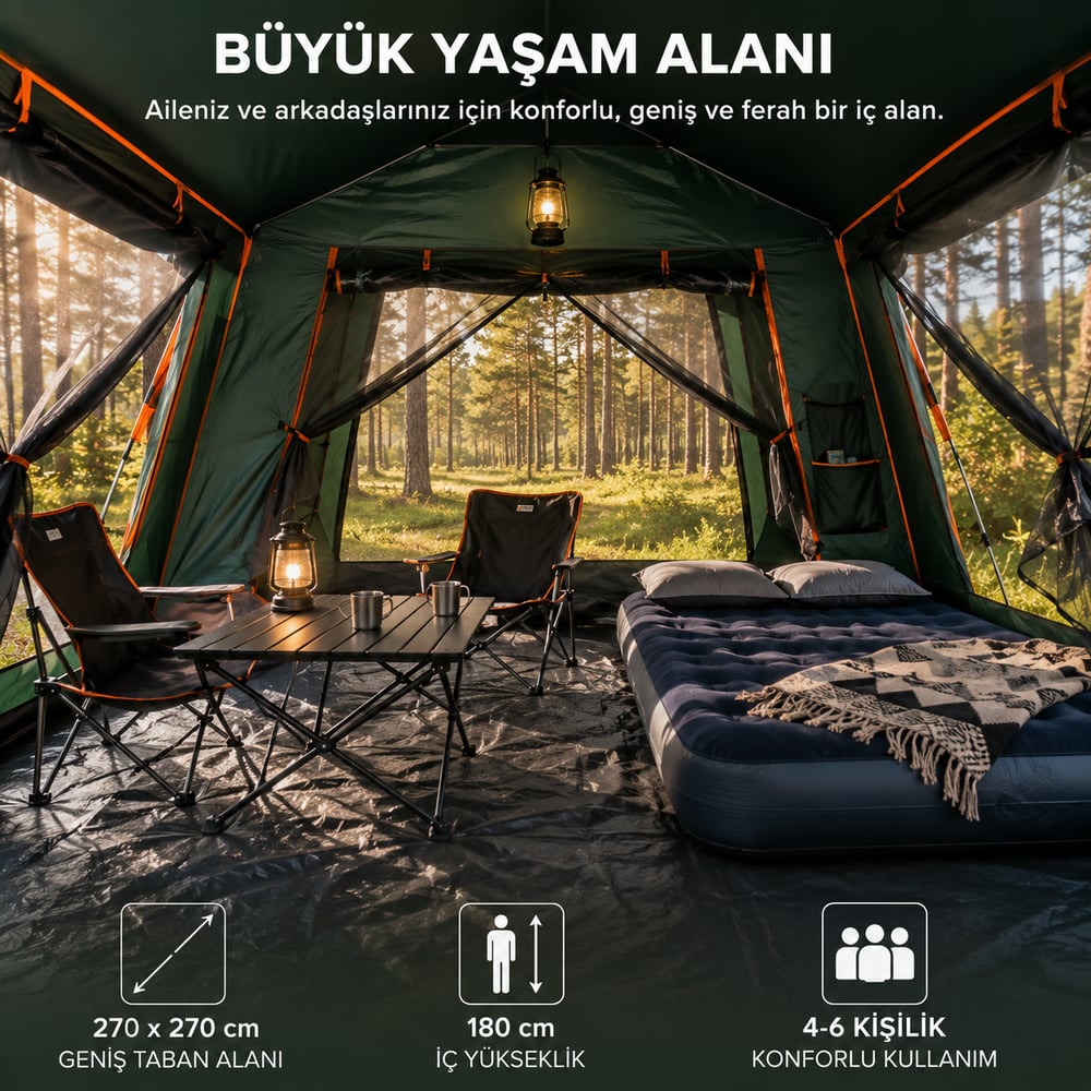 SVWILD 8 KİŞİLİK OTOMATİK AÇILIR OXFORD KUMAŞ AİLE KAMP ÇADIRI 270 x 270 x 180 CM - NT04196