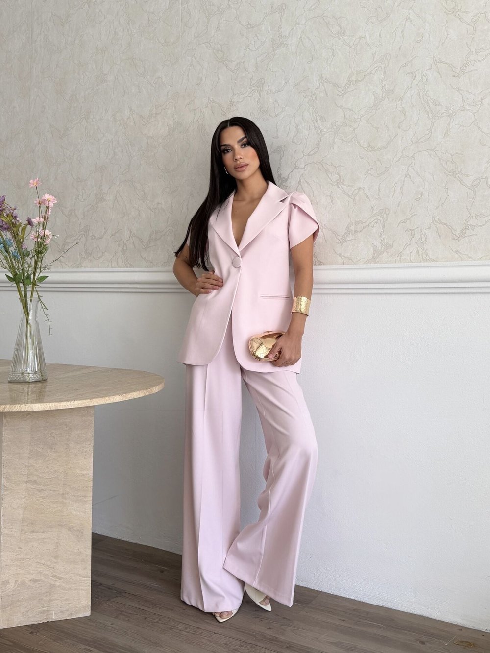 Pile Kol Detaylı Takım Pembe