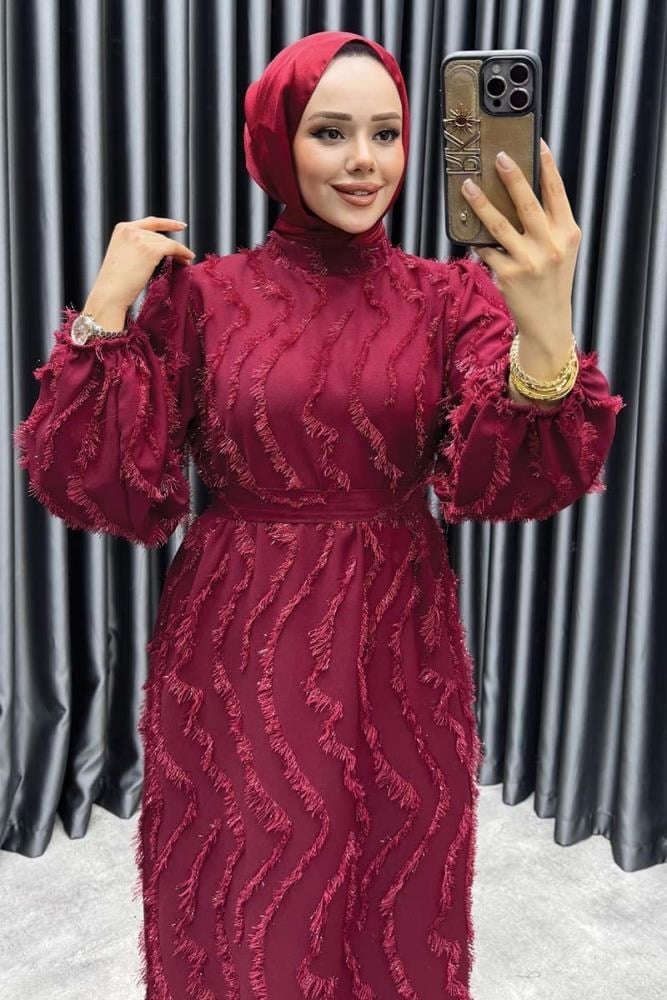 Eliza Püsküllü Elbise 6227 Bordo
