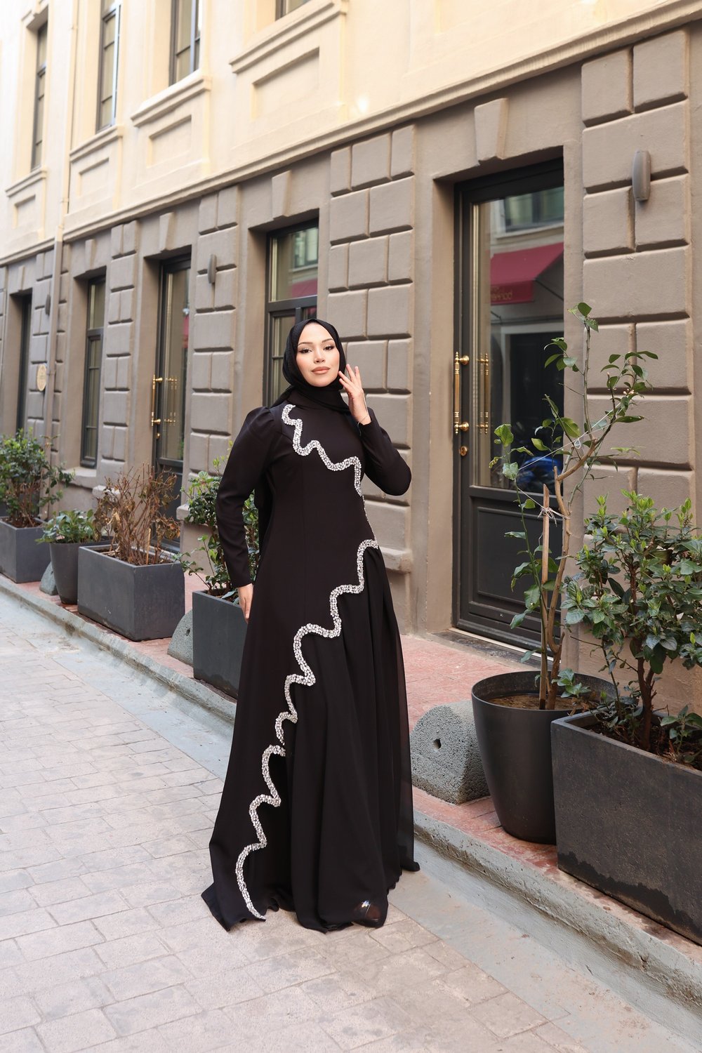 Perin Taş Detay Etekli Abiye 8061 Siyah