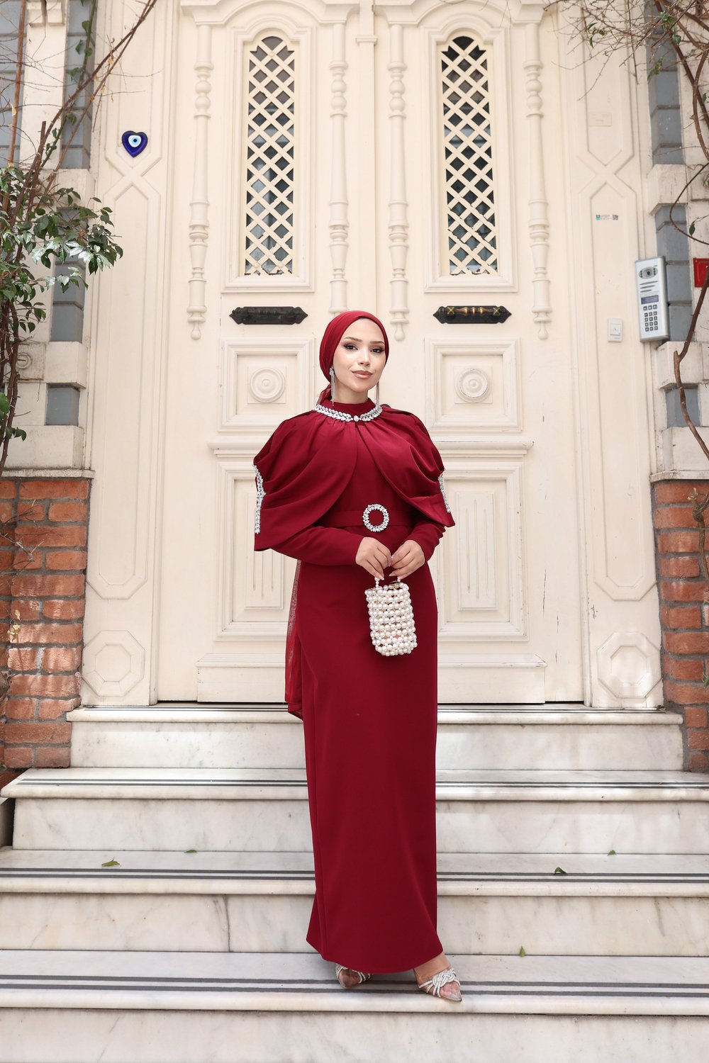 Sare Seyyar Pelerinli Elbise 8042 Bordo