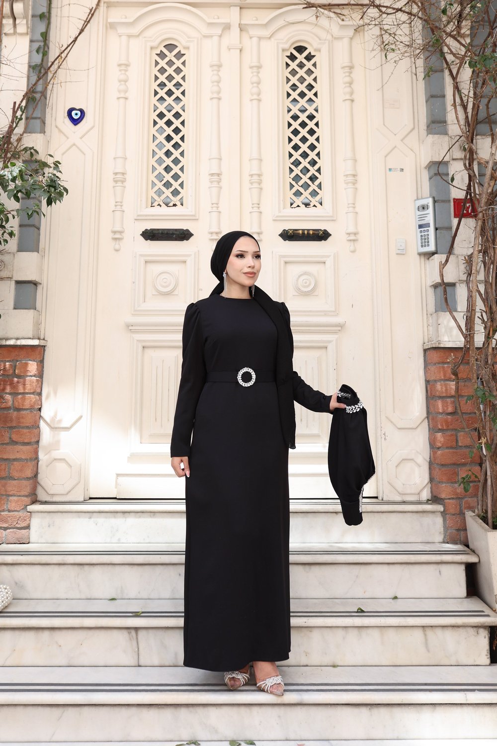 Sare Seyyar Pelerinli Elbise 8042 Siyah
