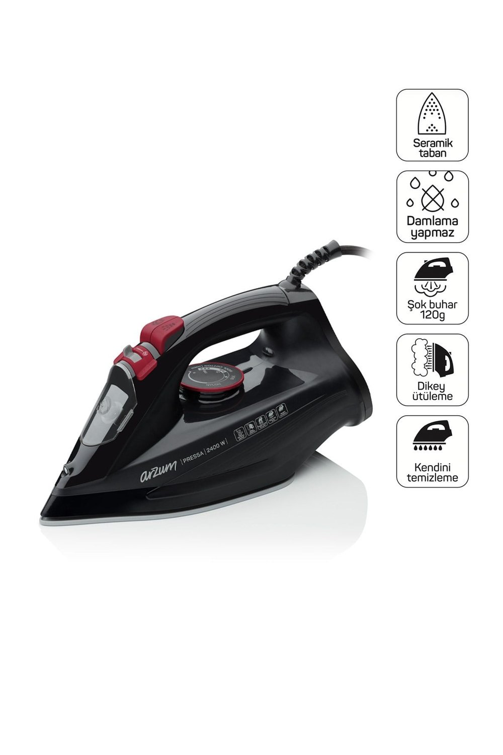 AR6020 Pressa 2400Watt Seramik Taban Buharlı Ütü,Şok Buhar