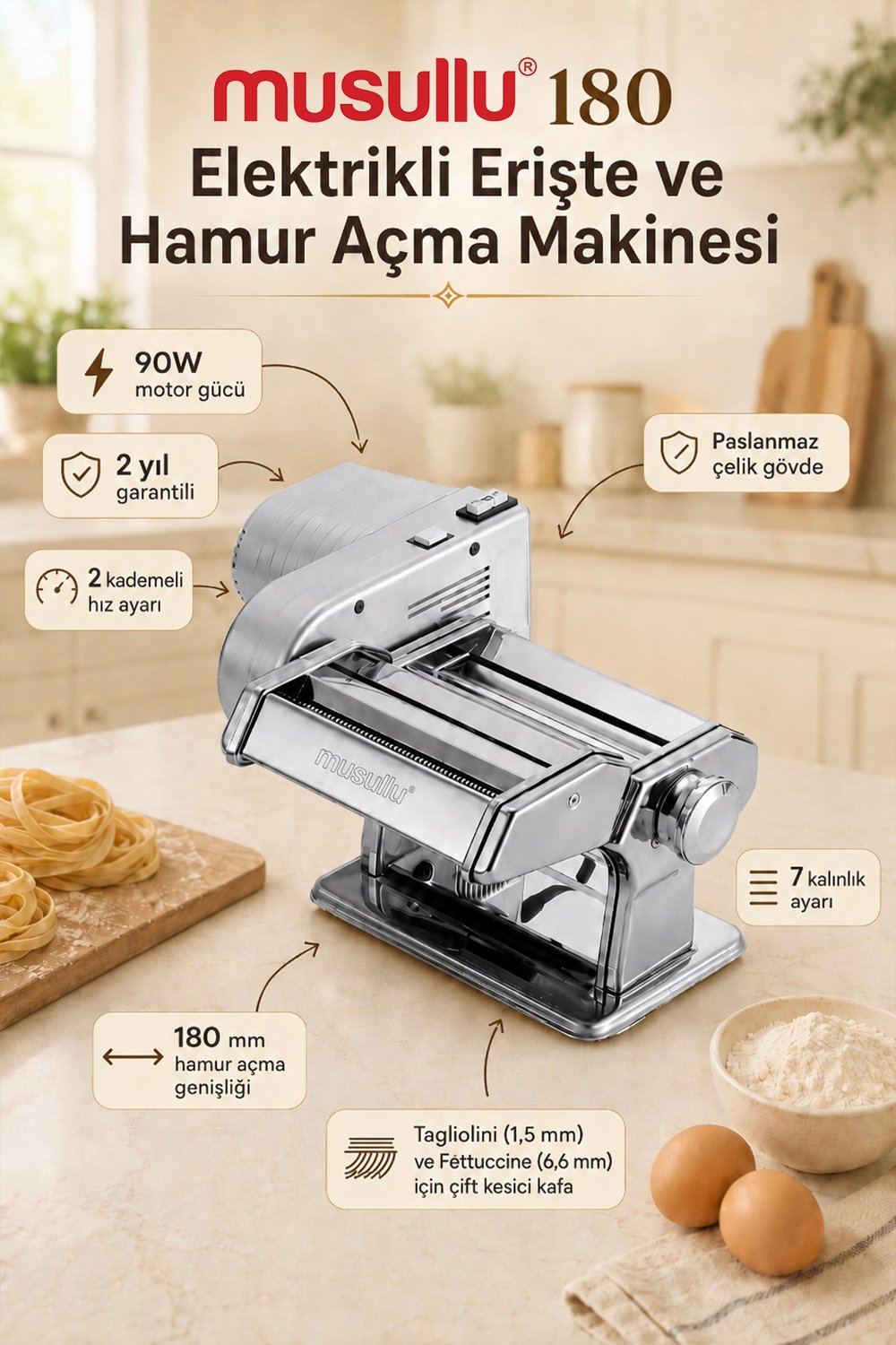Çelik Elektrikli Erişte ve Hamur Açma Makinesi 180mm, Dayanıklı ve Kolay Kullanım