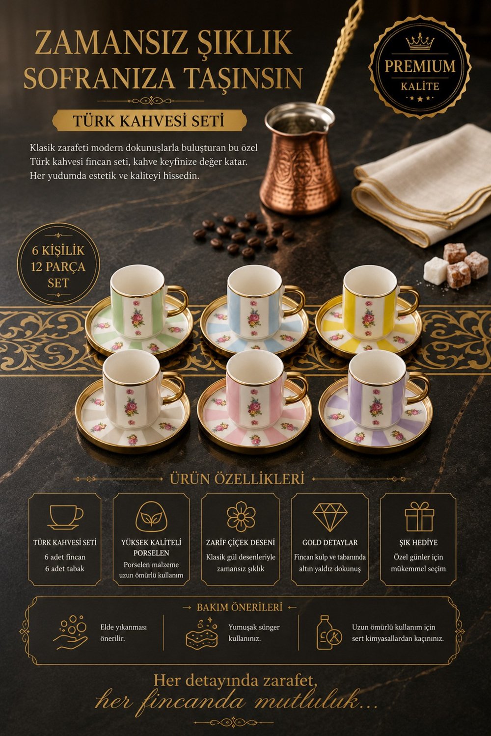 6 Kişilik Renkli Çiçekli Fincan Takımı- Balsa 6 Kişilik Çiçekli Çok Renkli Fincan Seti