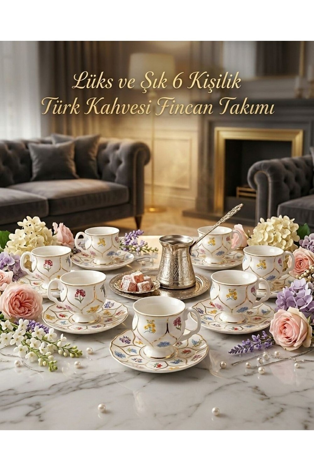 6'lı Gold Detaylı Çiçekli Fincan Takımı- Mien 6 Kişilik Gold Çiçekli Türk Kahvesi Seti