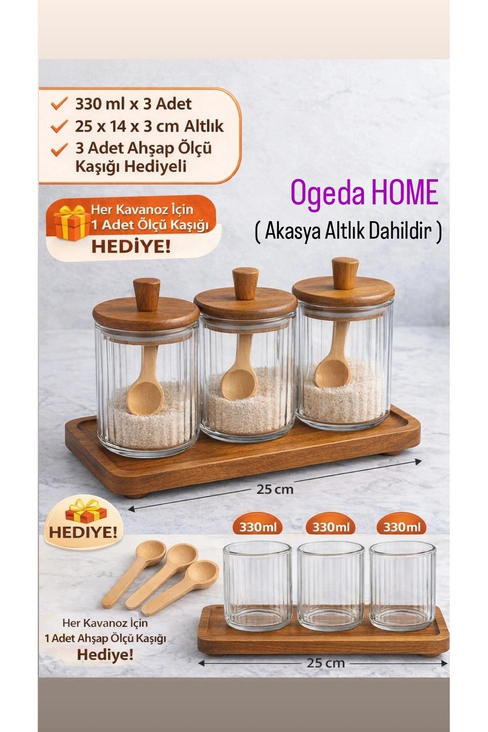 Ahşap Kapaklı Cam Baharat Seti 3’lü (330 ml) - Mien Altlık ve Kaşıklı 3'lü Baharat Seti