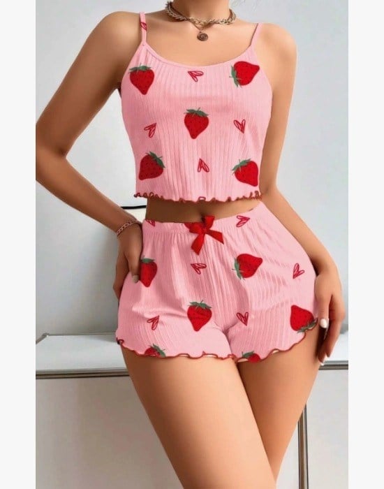 Kadın Pembe Pamuklu Çilek Desenli Şortlu Pijama Takımı