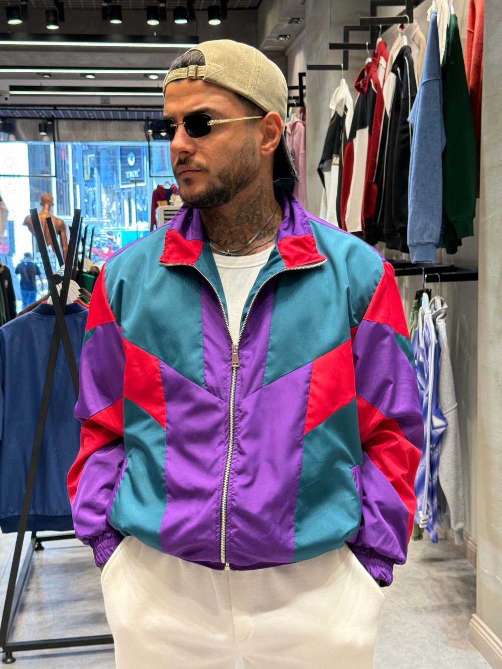 80ler Model Erkek Oversize Retro Renk Bloklu Fermuarlı Paraşüt Ceket – Ön Sipariş