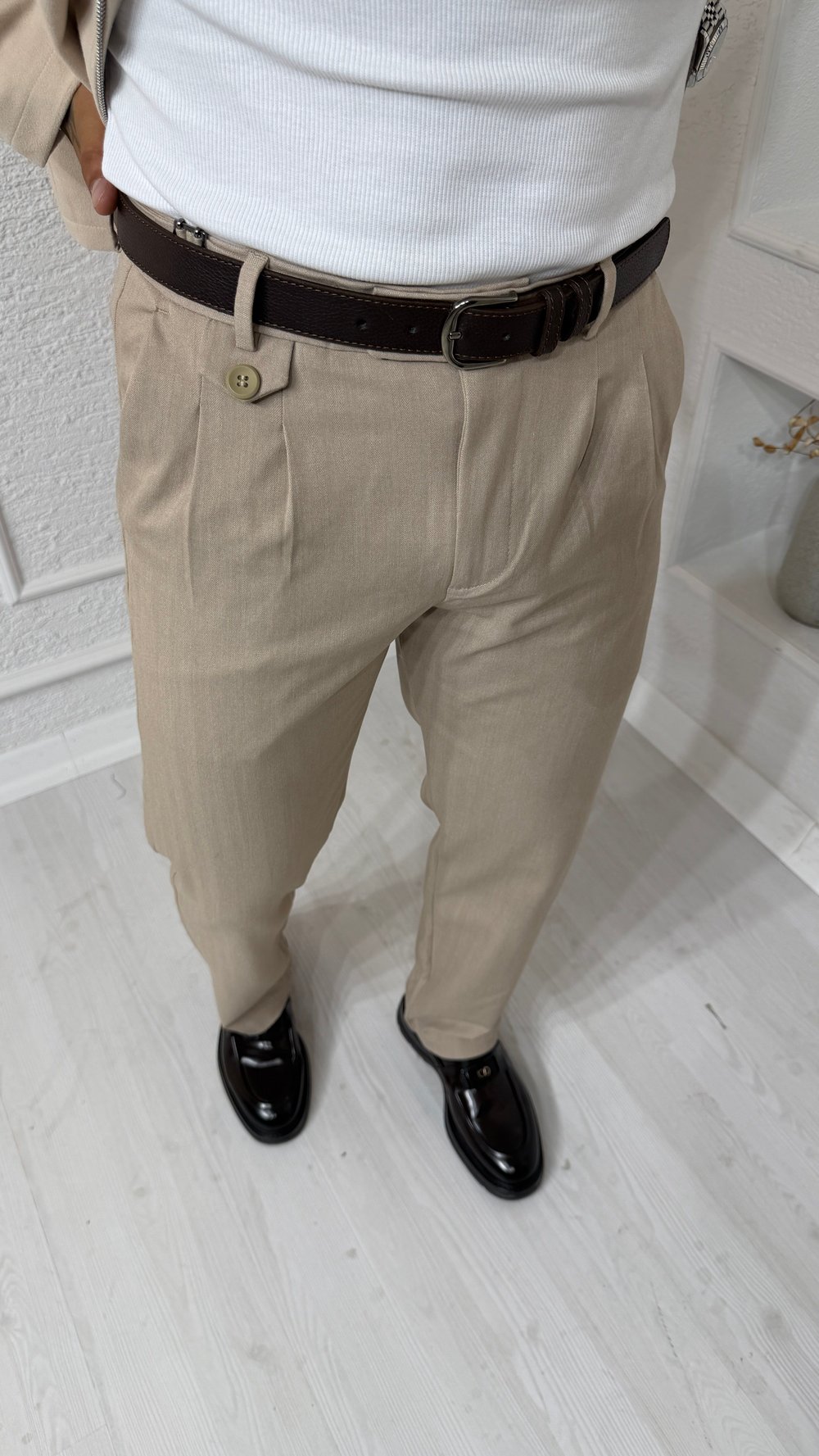 Bej Modern Fit Pileli Pantolon
