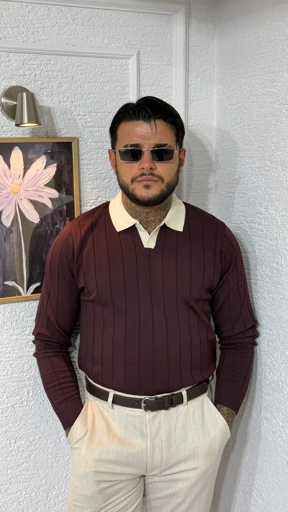 Bordo Kontrast Biyeli Uzun Kollu Triko Polo Yaka