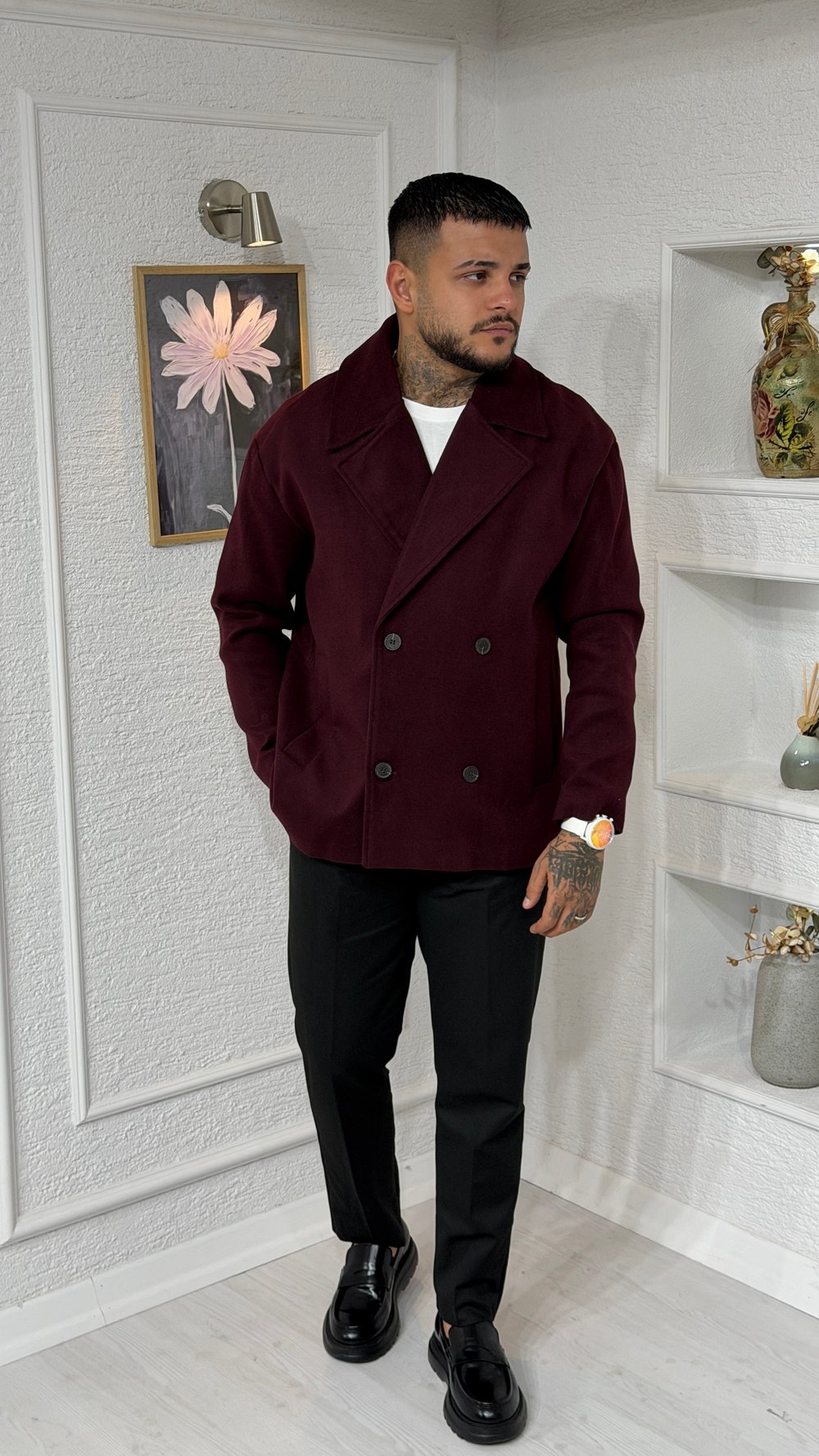 Bordo Oversize Kruvaze Kaşe Ceket
