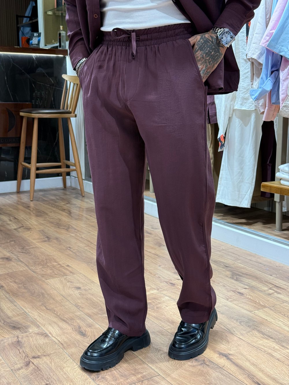 Bordo Rahat Kesim Düz Paça Erkek Pantolon