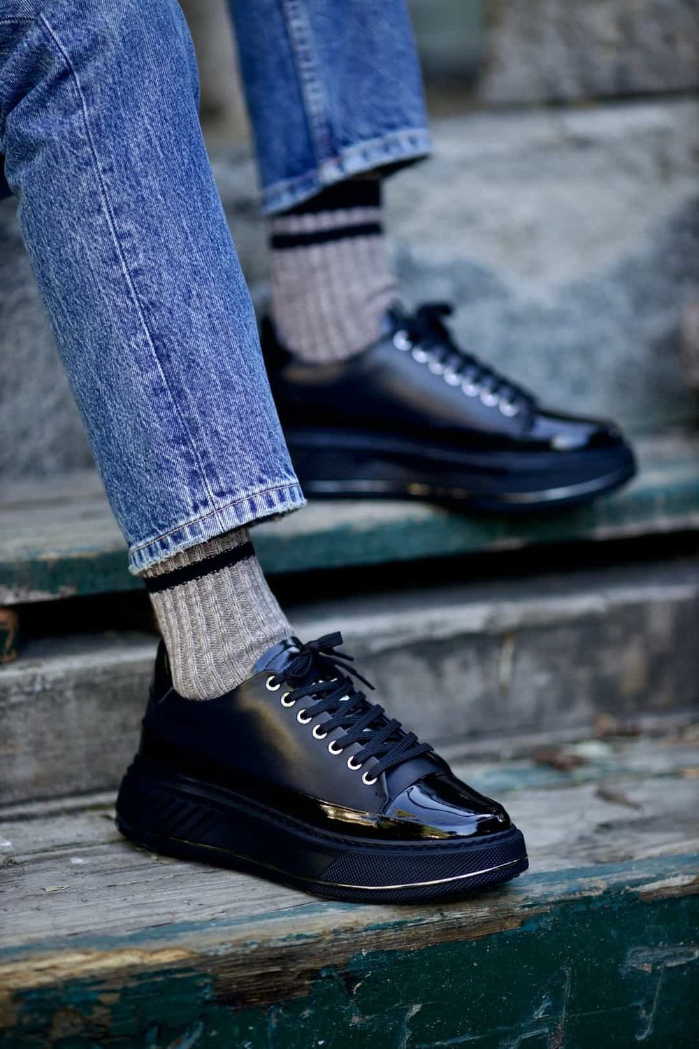 Caddya Model Hakiki Kombinasyonlu Deri İthal Taban Sneaker Ayakkabı - SİYAH