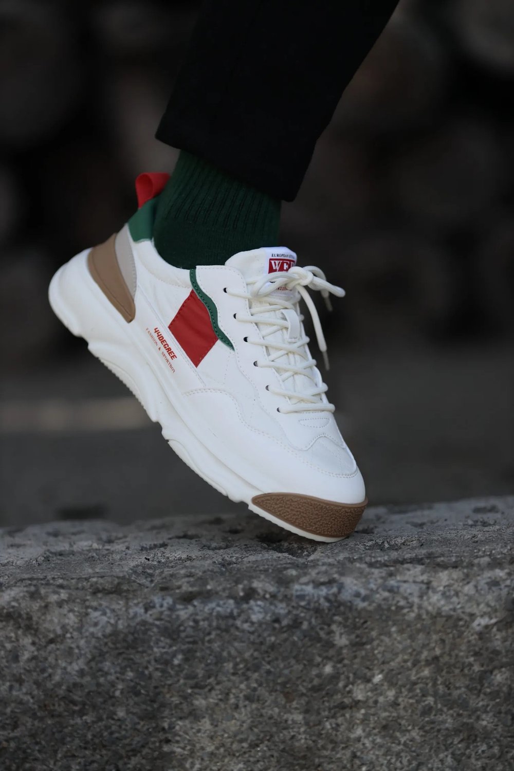 Degre Model Kombinasyonlu Deri İthal Taban Sneaker Ayakkabı - BEYAZ