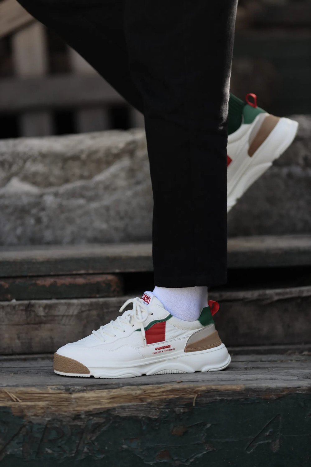 Degre Model Kombinasyonlu Deri İthal Taban Sneaker Ayakkabı - BEYAZ