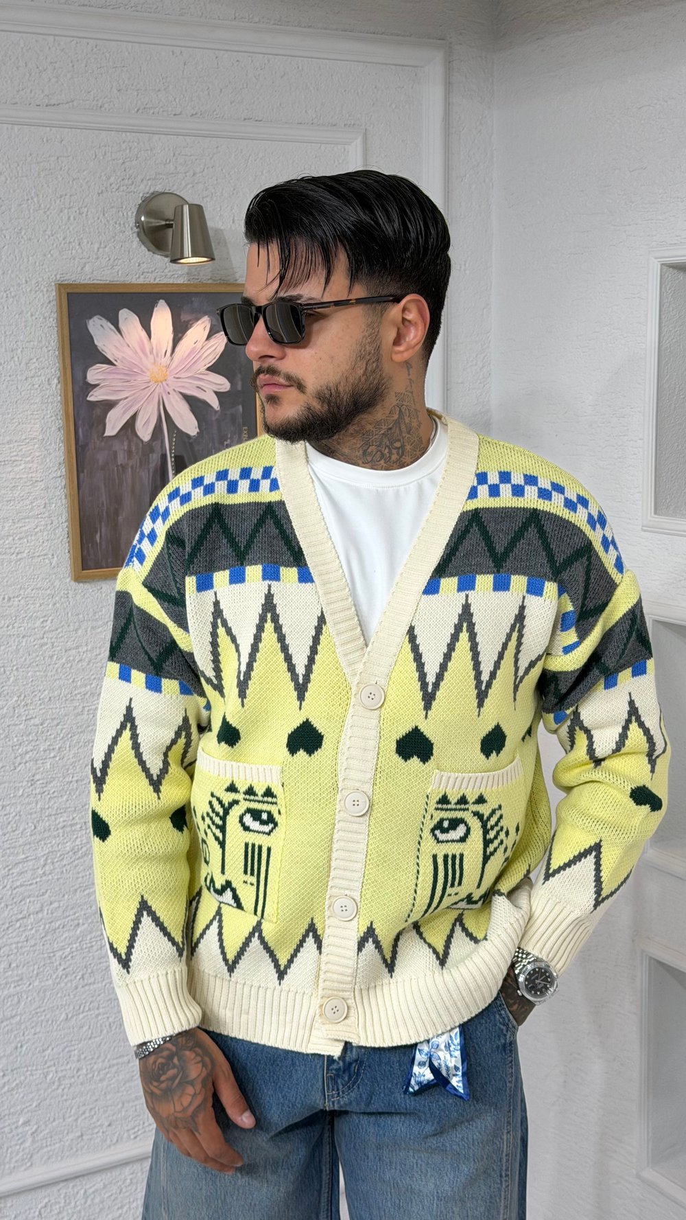 Desenli Oversize Triko Örgü Hırka – Sarı/Krem