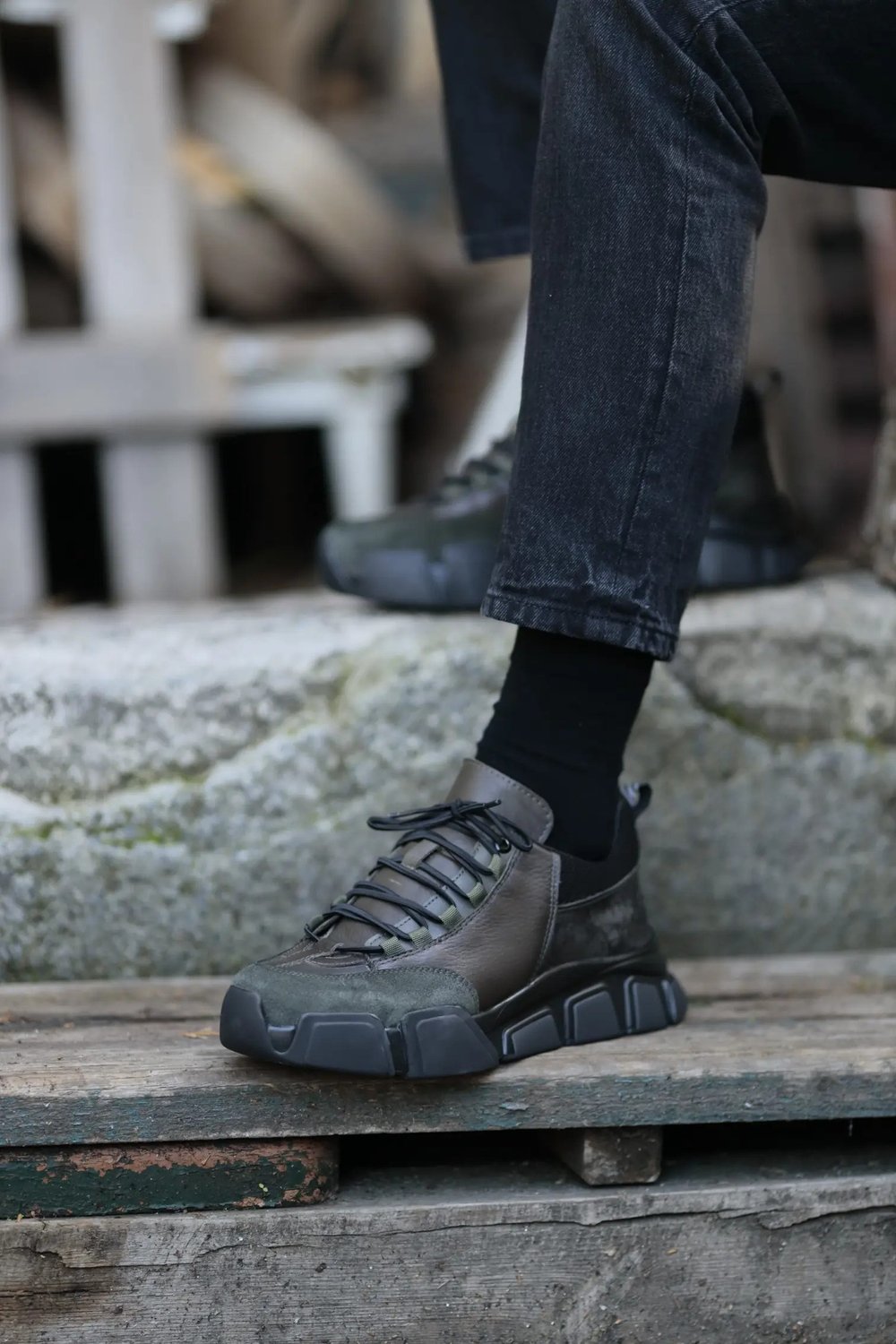 Diamond Model Hakiki Kombinasyonlu Deri İthal Taban Sneaker Ayakkabı - HAKİ