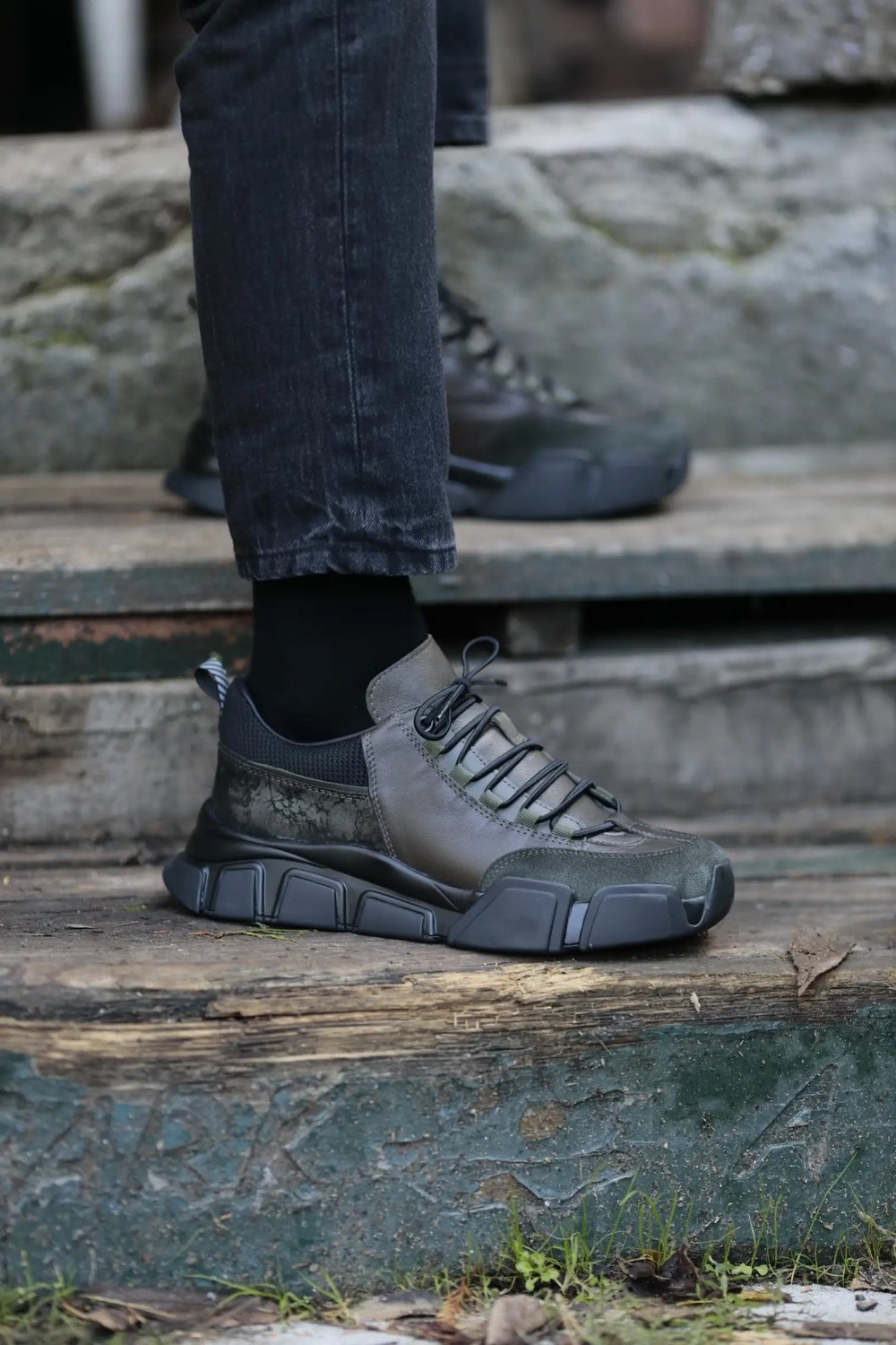 Diamond Model Hakiki Kombinasyonlu Deri İthal Taban Sneaker Ayakkabı - HAKİ