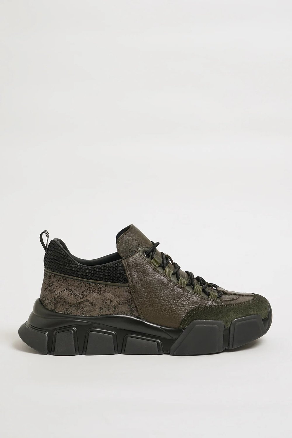 Diamond Model Hakiki Kombinasyonlu Deri İthal Taban Sneaker Ayakkabı - HAKİ