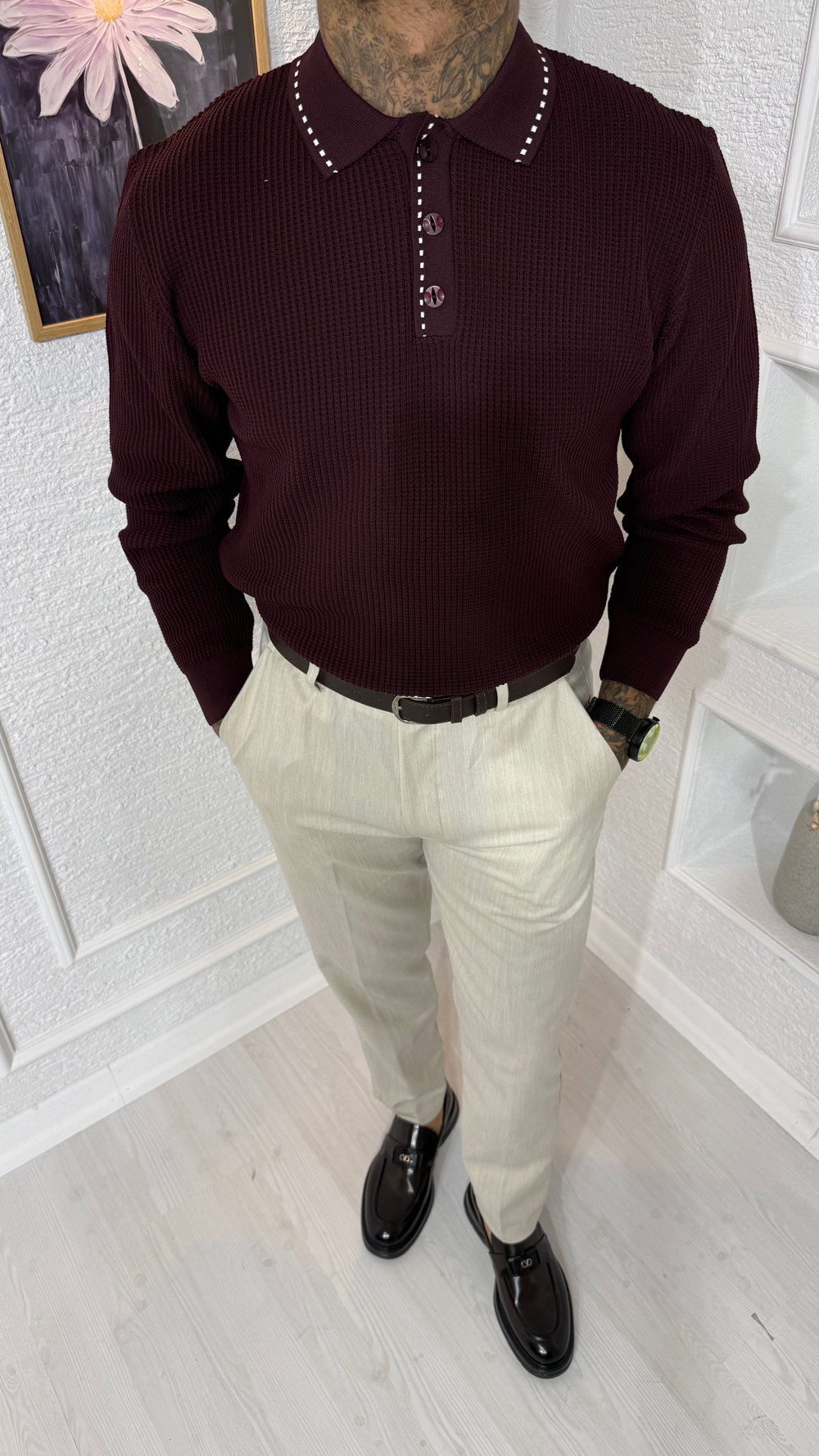 Ekru Dokulu Slim Fit Kumaş Pantolon