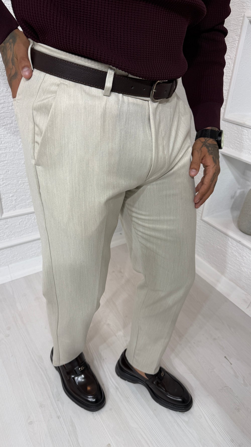 Ekru Dokulu Slim Fit Kumaş Pantolon