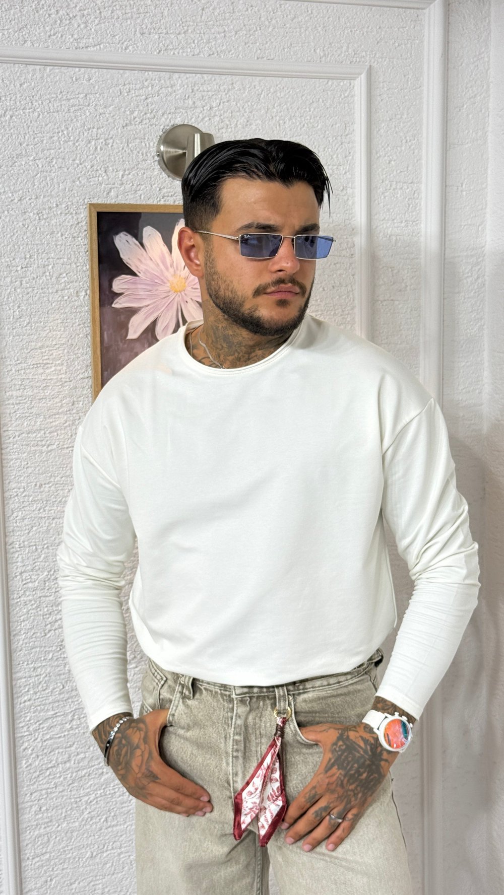 Erkek Beyaz Oversize Bisiklet Yaka Uzun Kollu Sweatshirt