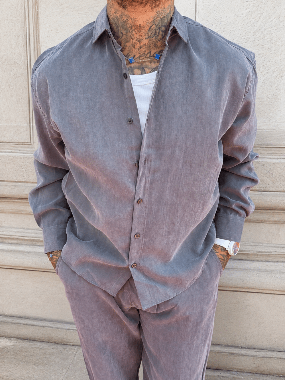 Erkek Füme Dokulu Oversize Gömlek ve Bol Paça Pantolon İkili Takım