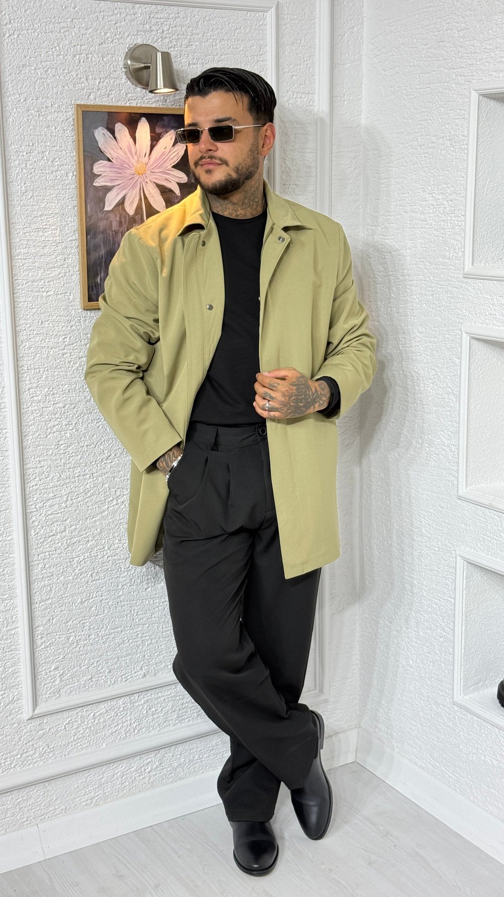 Erkek Haki Oversize Ferm Fit Fermuarlı Uzun Ceket