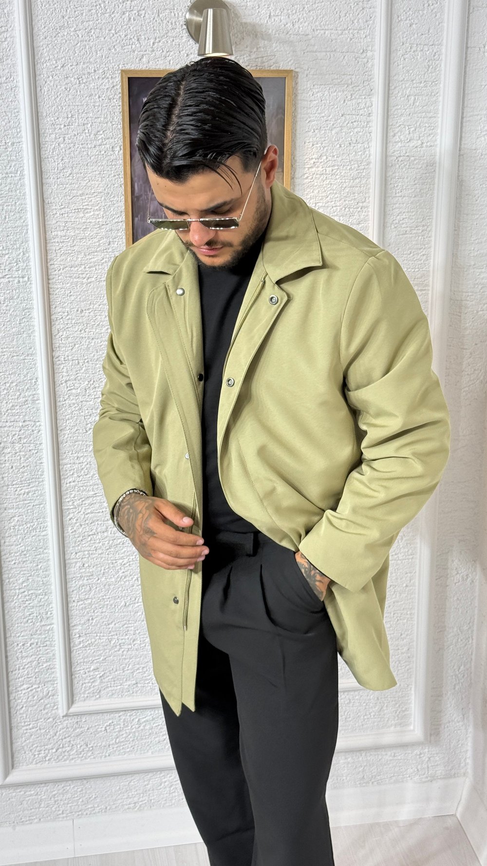 Erkek Haki Oversize Ferm Fit Fermuarlı Uzun Ceket