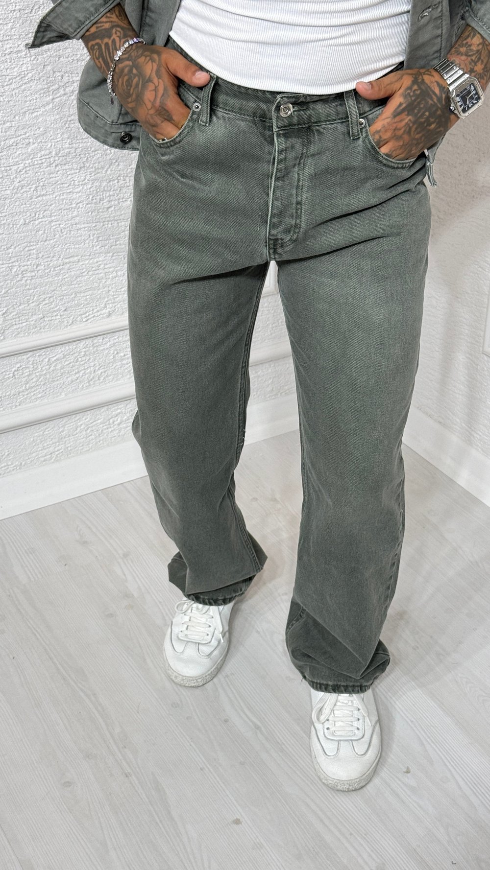 Erkek Haki Yıkamalı Denim Ceket Pantolon Takım