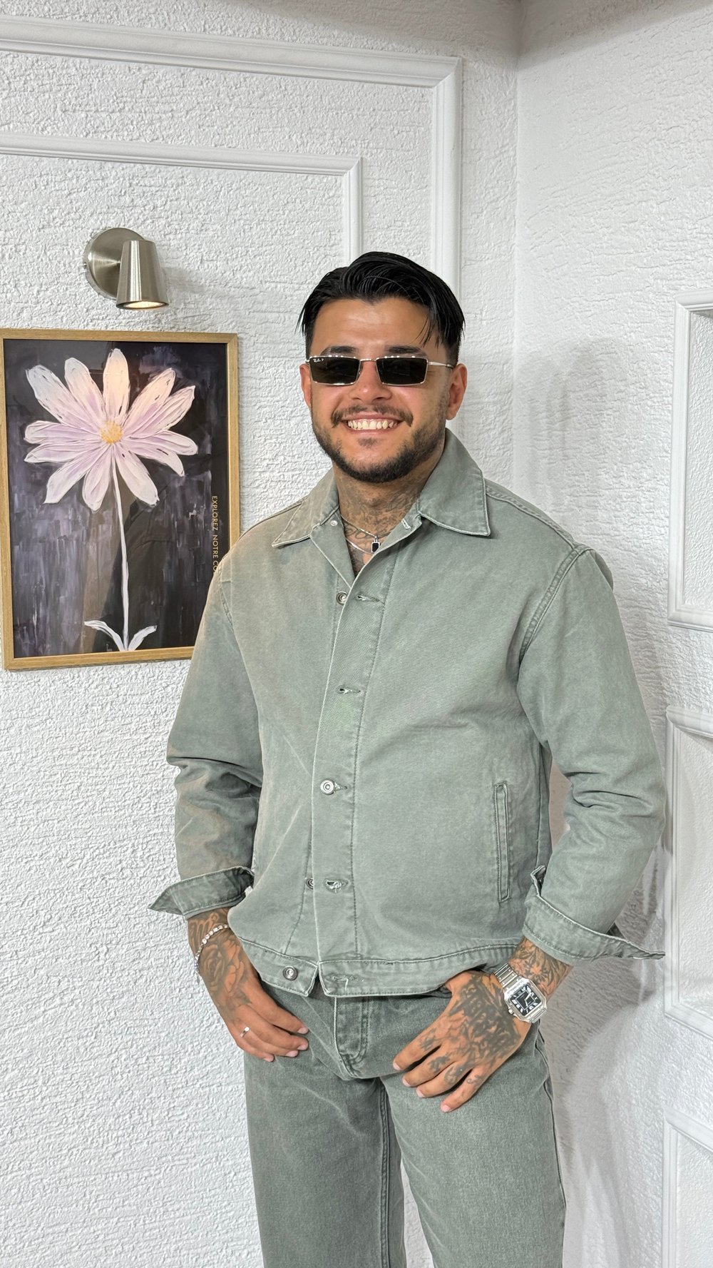 Erkek Haki Yıkamalı Denim Ceket Pantolon Takım