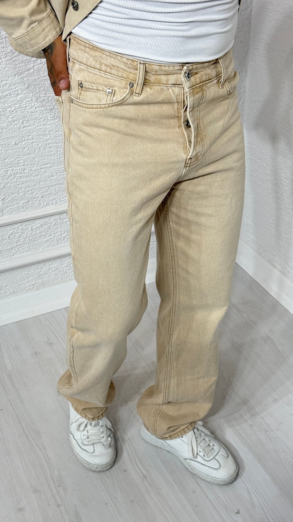 Erkek Krem Yıkamalı Denim Ceket Pantolon Takım