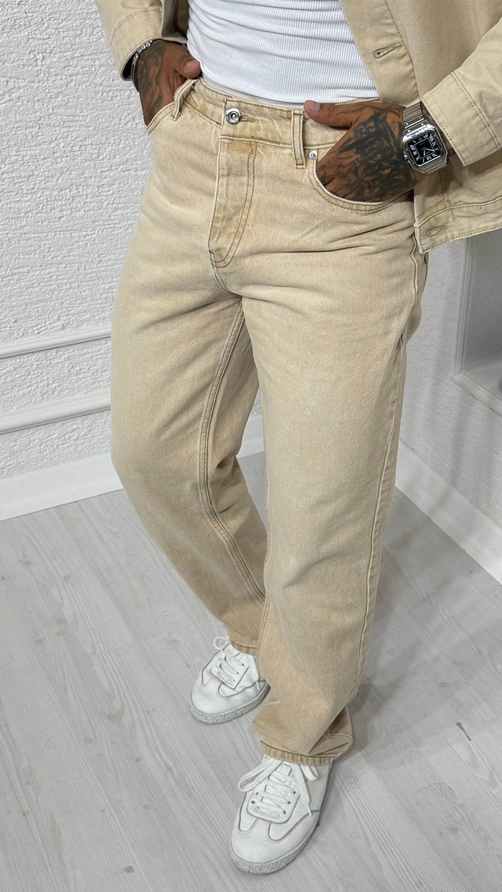 Erkek Krem Yıkamalı Denim Ceket Pantolon Takım